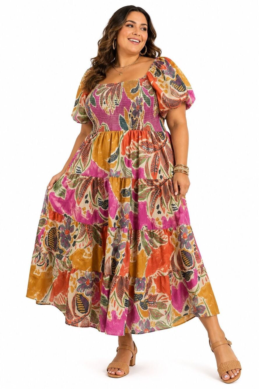 Crystal Sky Boho Tropical Floral Smocked Puff Sleeve Tiered Maxi Dress Plus 3X